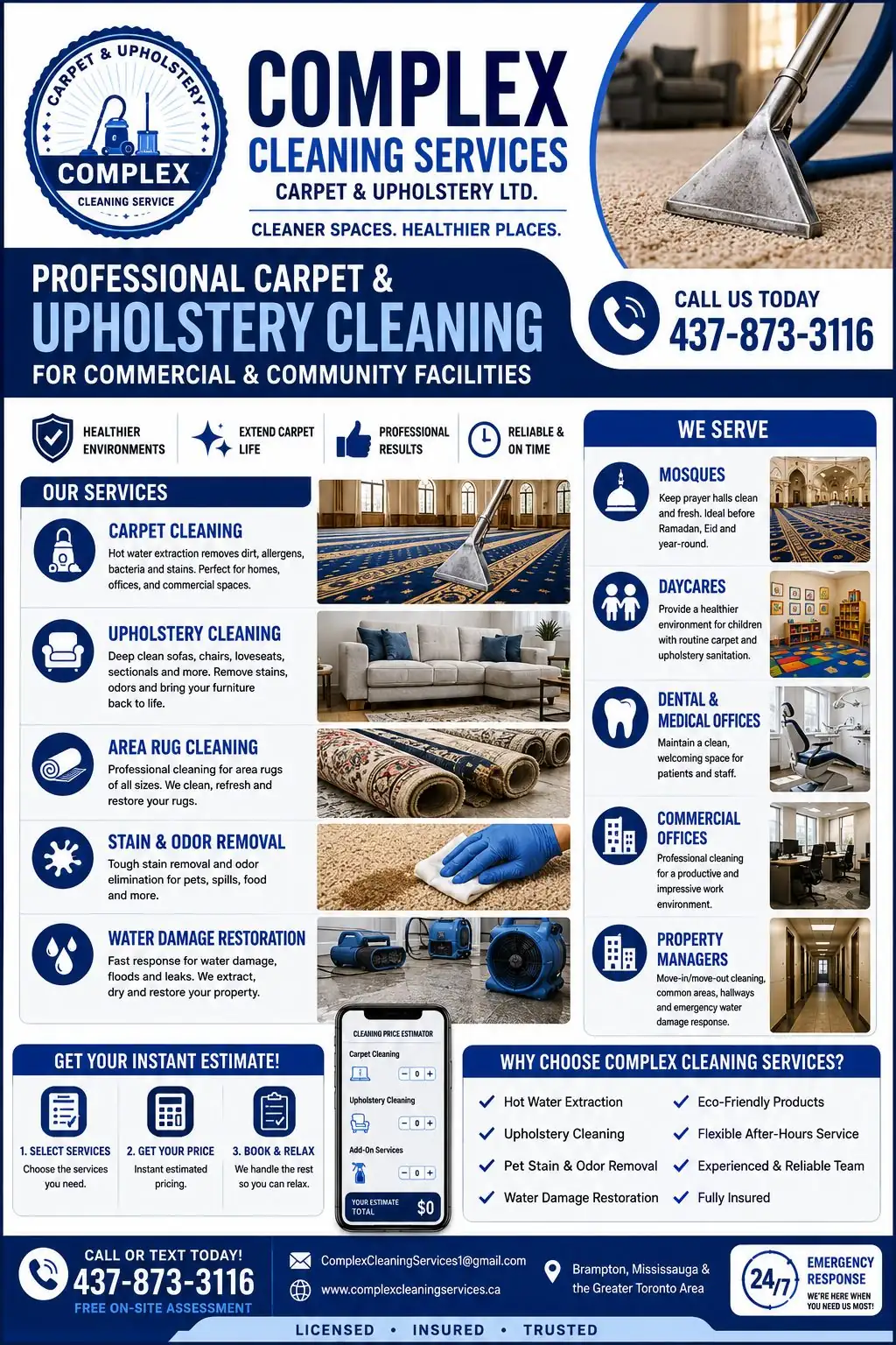 Complex Cleaning Services commercial flyer listing carpet cleaning, upholstery cleaning, area rug cleaning, stain and odour removal and water damage restoration for mosques, daycares, dental and medical offices, commercial offices and property managers, with the phone number 437-873-3116