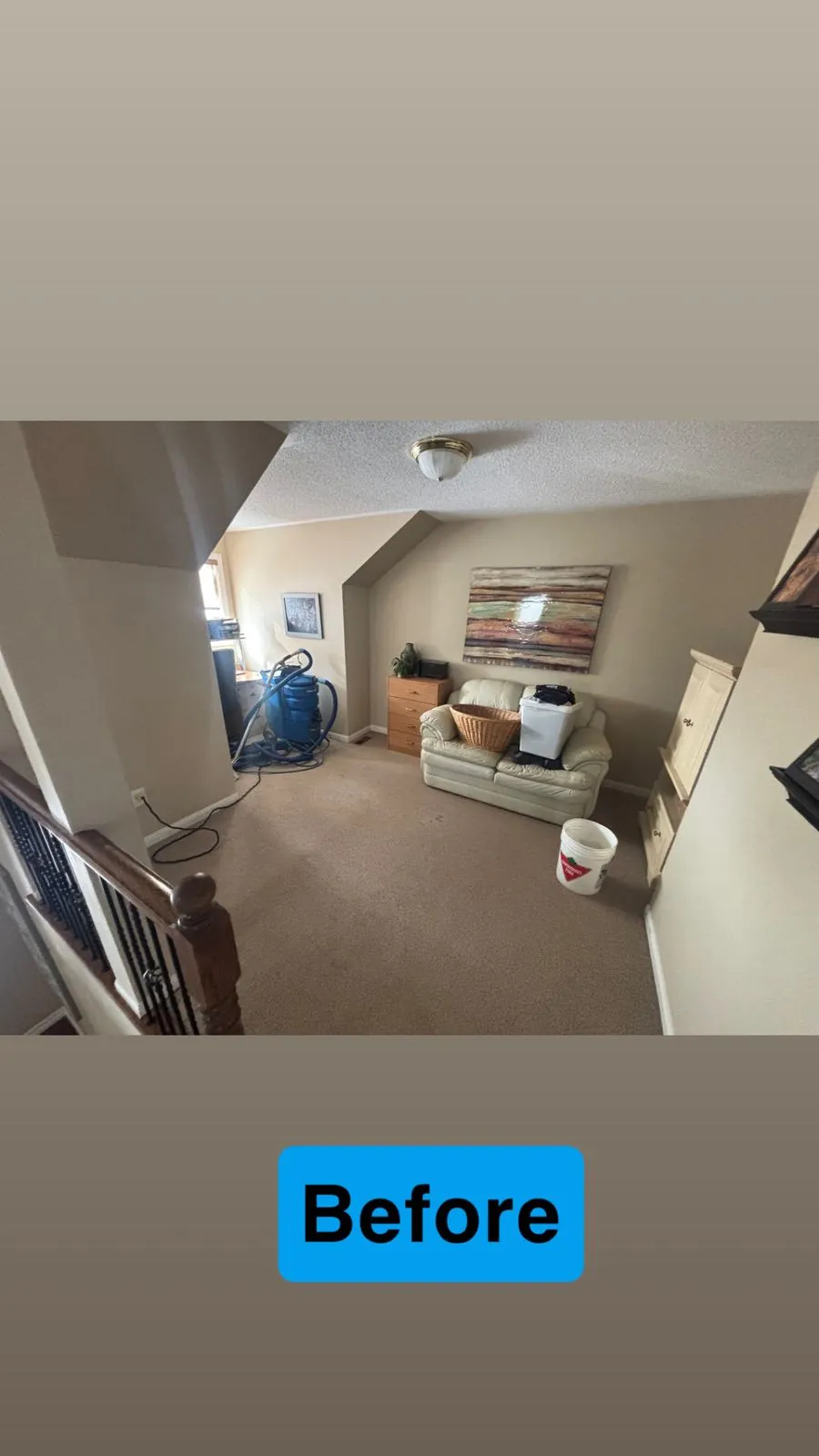 Bonus room carpet before deep cleaning, vacuum equipment staged