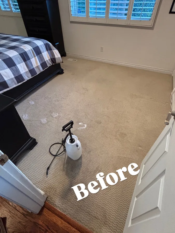 Brampton bedroom carpet before cleaning, showing traffic soiling across the room and several pale bleach marks near the dresser
