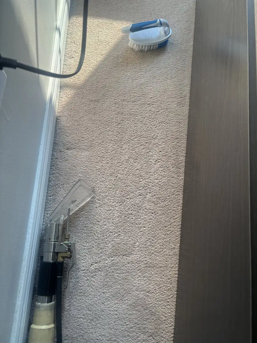 A hand extraction tool resting on carpet at the edge of a bedroom wall