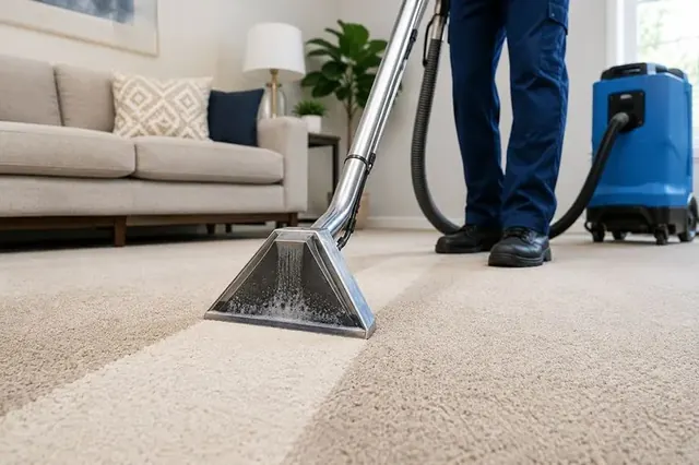 Technician using a hot water extraction wand to steam clean a carpet