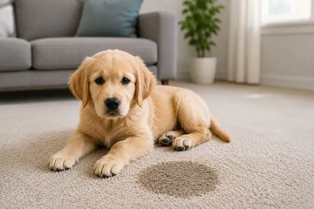 Puppy sitting next to a fresh pet stain on carpet before enzyme treatment