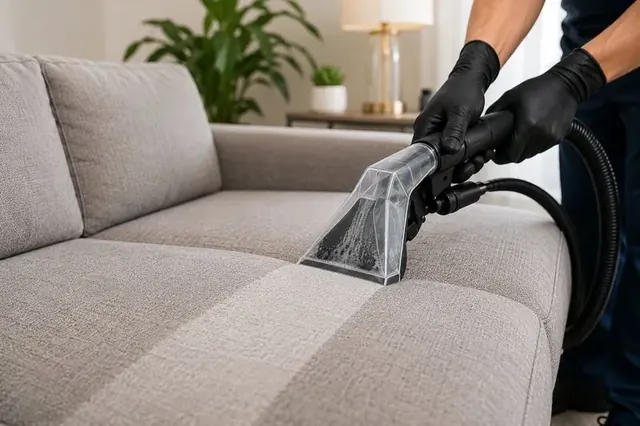 Sofa cushion during professional upholstery cleaning, showing a clean strip lifted from soiled fabric