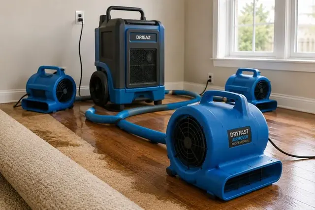 Air movers and a dehumidifier set up on hardwood floor next to wet carpet during water damage restoration